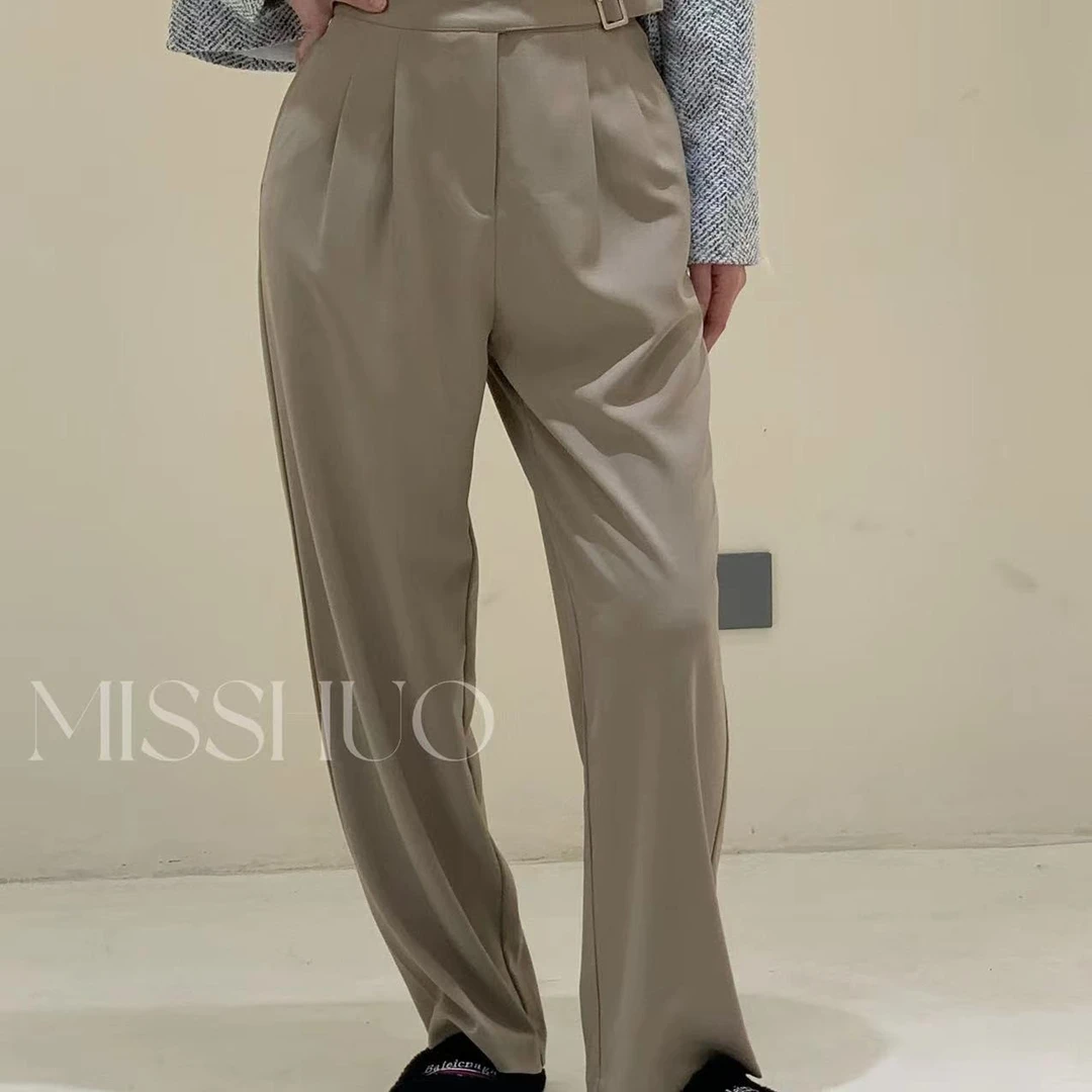 Miss huo 腰带造型西装裤 卡其色 B 1356