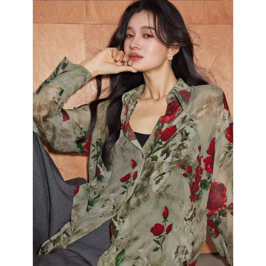 迈沃格气质法式小众复古玫瑰花脏染印花宽松长袖衬衫网红水墨休闲