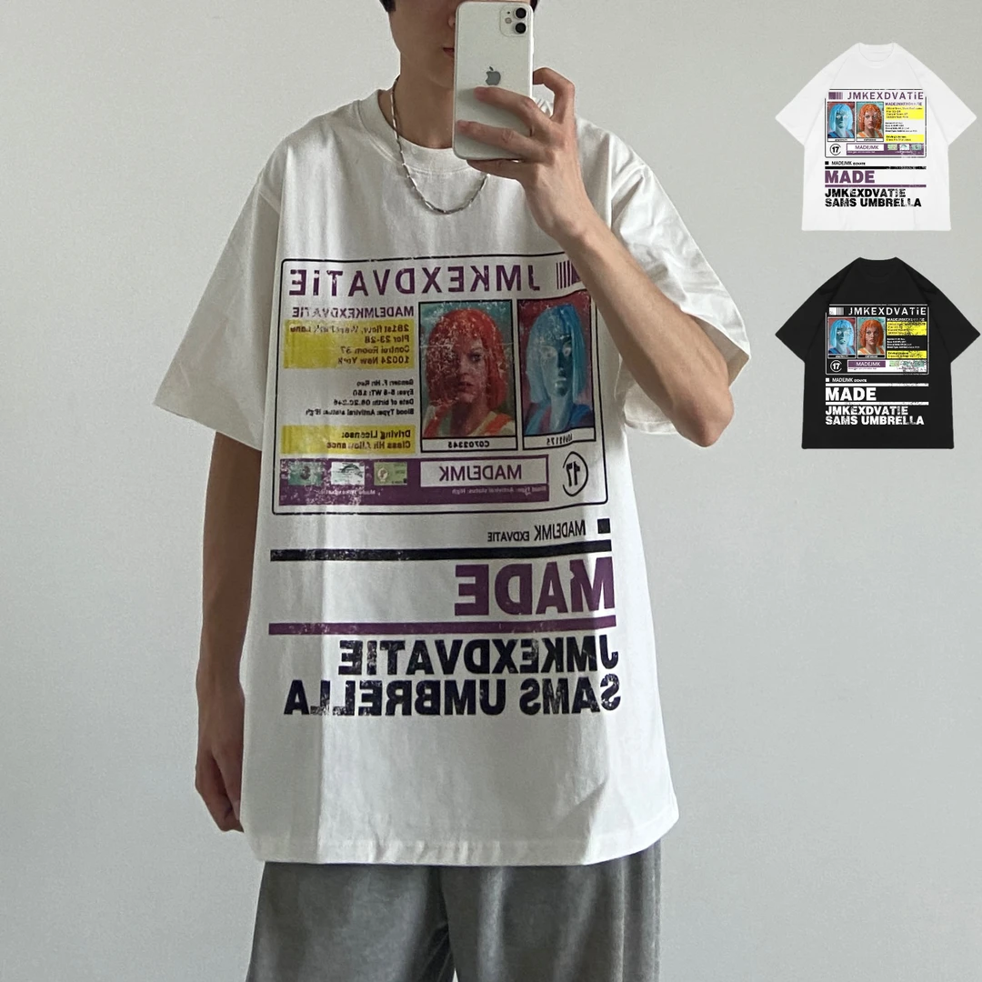 Jimei·嘻哈美式创意人物印花复古圆领宽松短袖T恤·280g