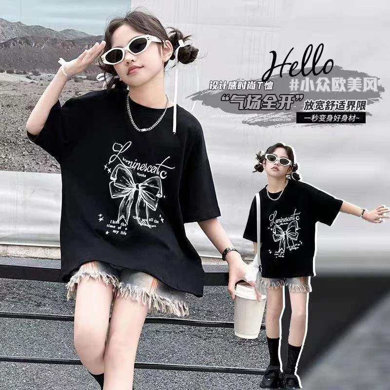 纯棉中大童短袖t恤女2025年新款夏季宽松纯色圆领半袖洋气上衣ins