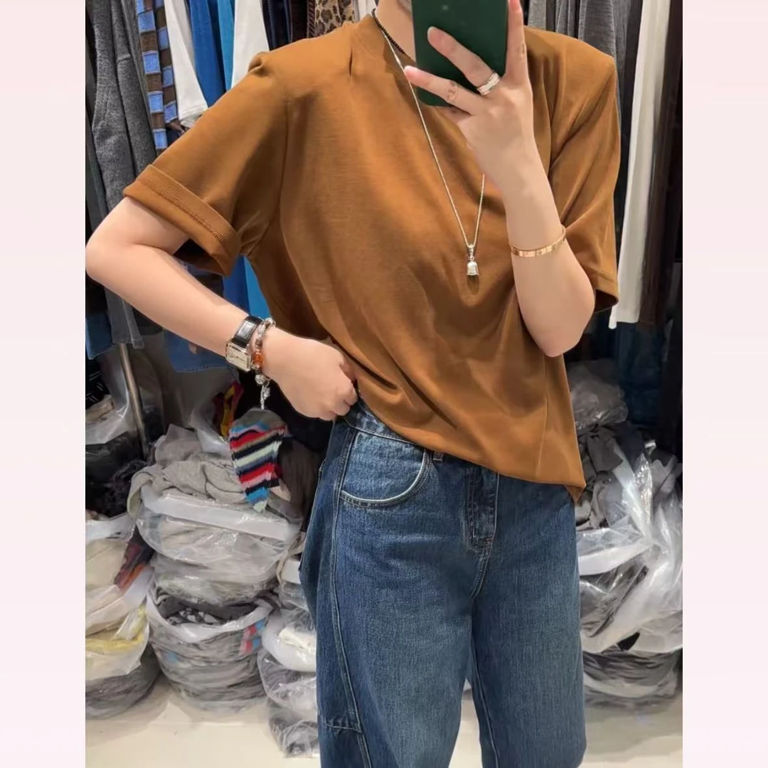 春苗女装 垫肩咖上衣 休闲时尚圆领舒适打底衫