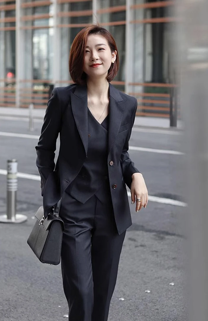 2025春新款黑色高端职业西服修身外套气质西装马甲三件套装女正装