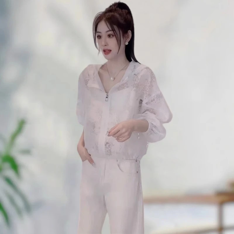 2025新款网红连帽透气时尚薄防晒小个子超仙长袖外套休闲裤三件套