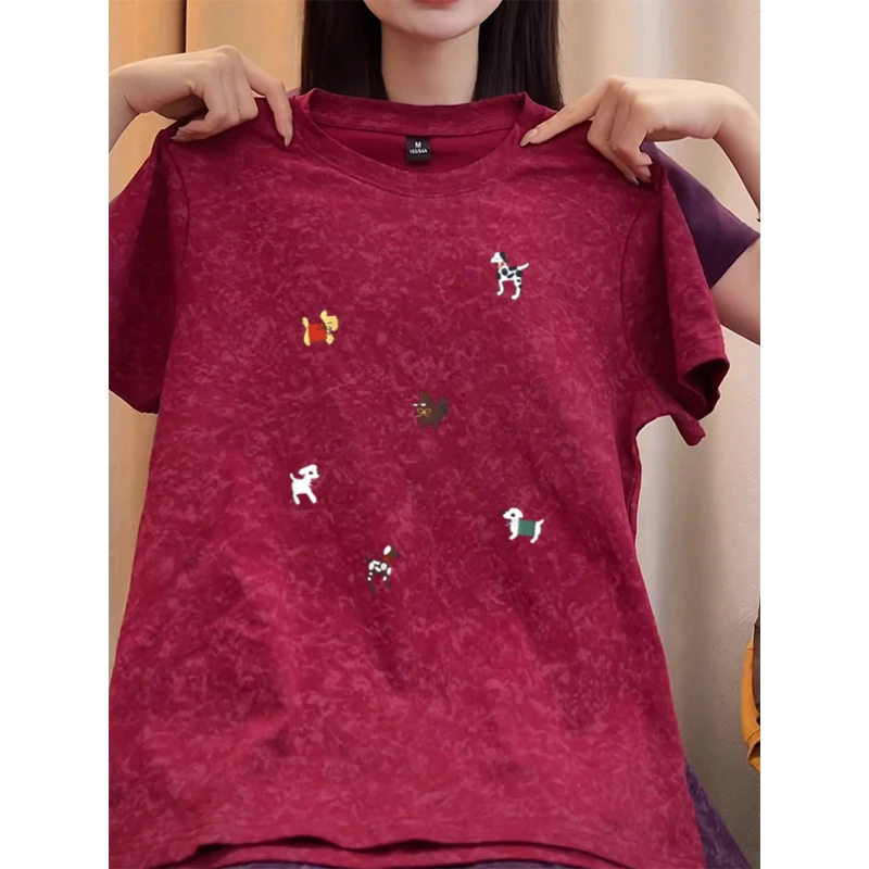 美式复古小狗印花短袖t恤女2025年夏季新款潮牌修身圆领扎染上衣