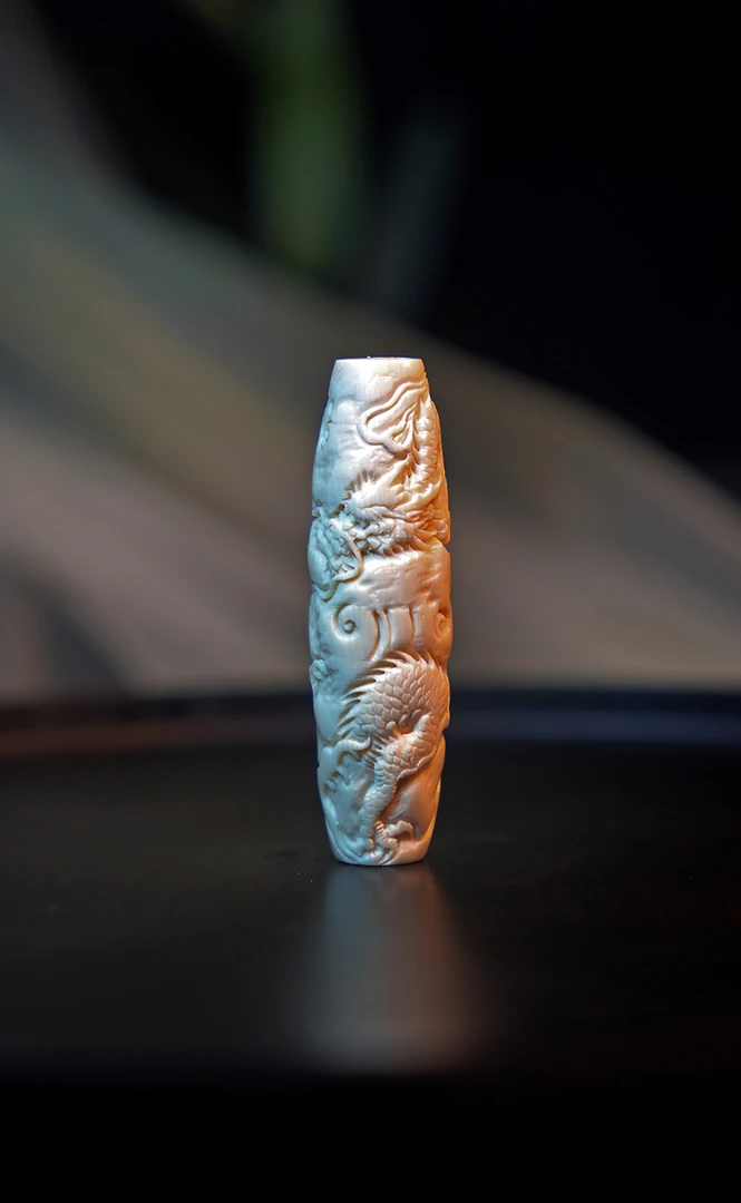 天然猛犸牙/手工雕刻作品/龙天珠/特色白冰料/文玩收藏