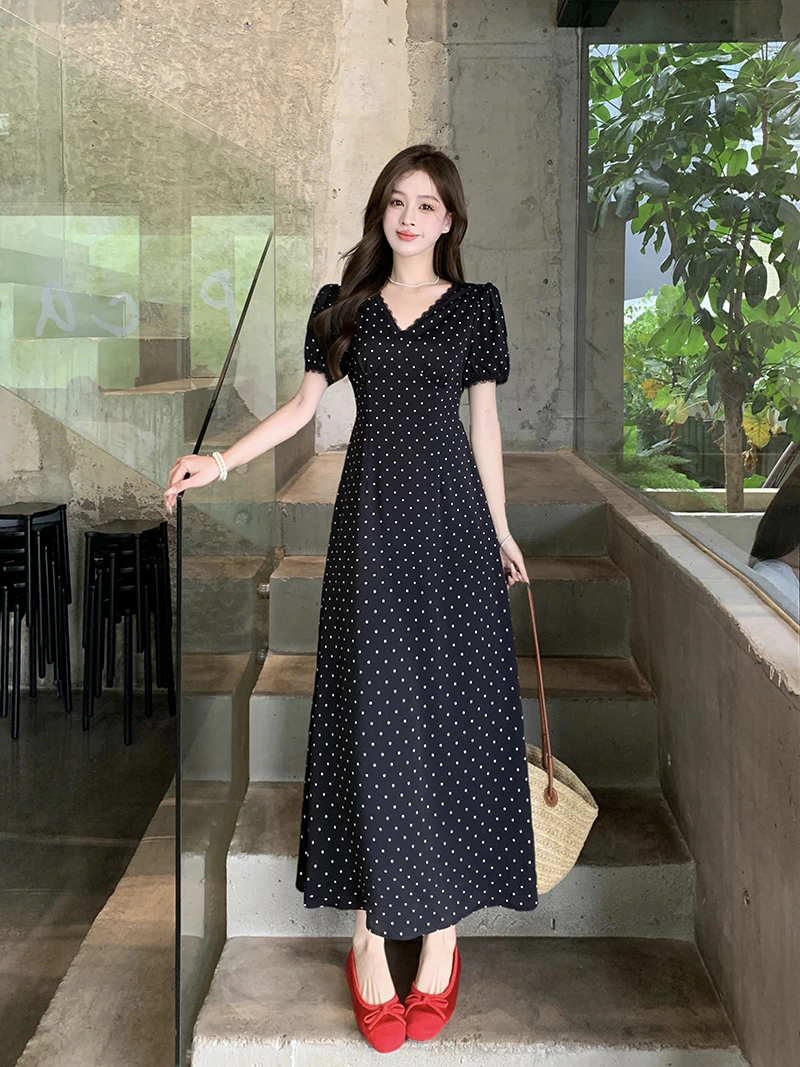 2025夏装新款胖mm大码女优雅蕾丝花边泡泡袖波点收腰连衣裙
