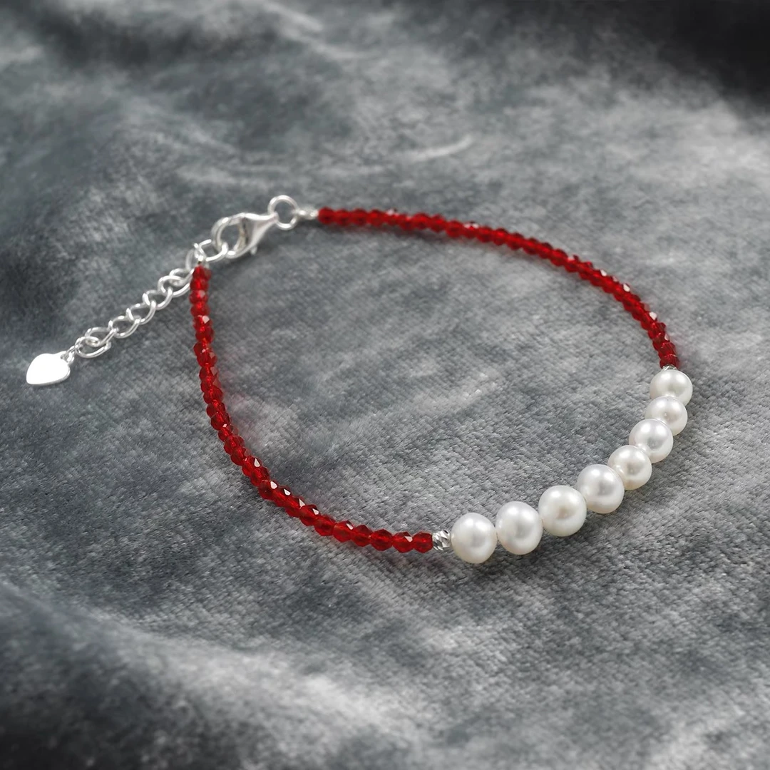 【红透半边天】天然淡水珍珠红手链 4-5mm S925银