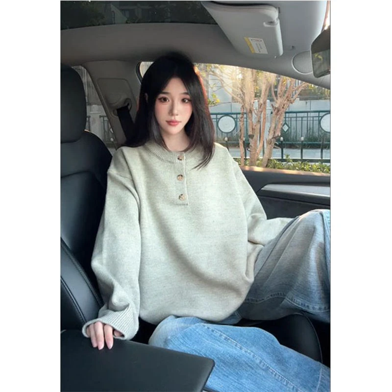 花灰色亨利领套头针织衫毛衣男秋季美式潮牌上衣vibe休闲百搭外套