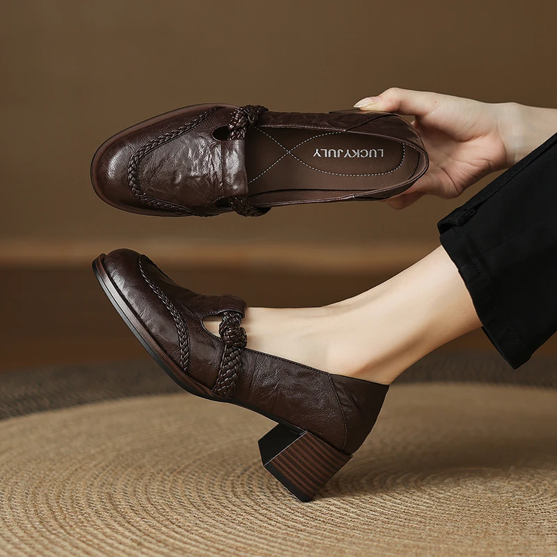 5CM-头层羊皮英伦编织深口女单鞋皮鞋高跟中跟春秋乐头层羊皮浅口