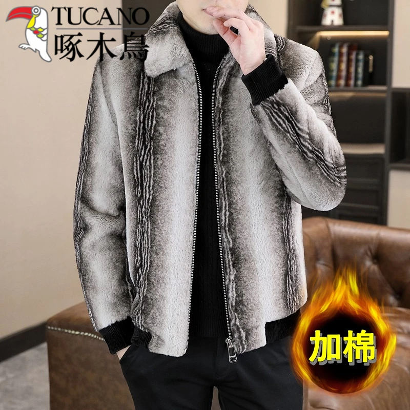 啄木鸟冬季仿貂绒皮毛一体加棉加厚夹克短款袄子男士帅气冬装外套