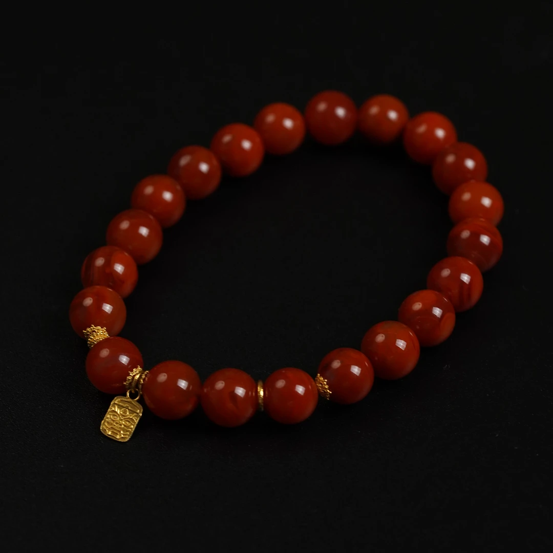 【凤鸣珠宝】天然南红柿子红火焰纹18K镶爆款南红手串 S-61