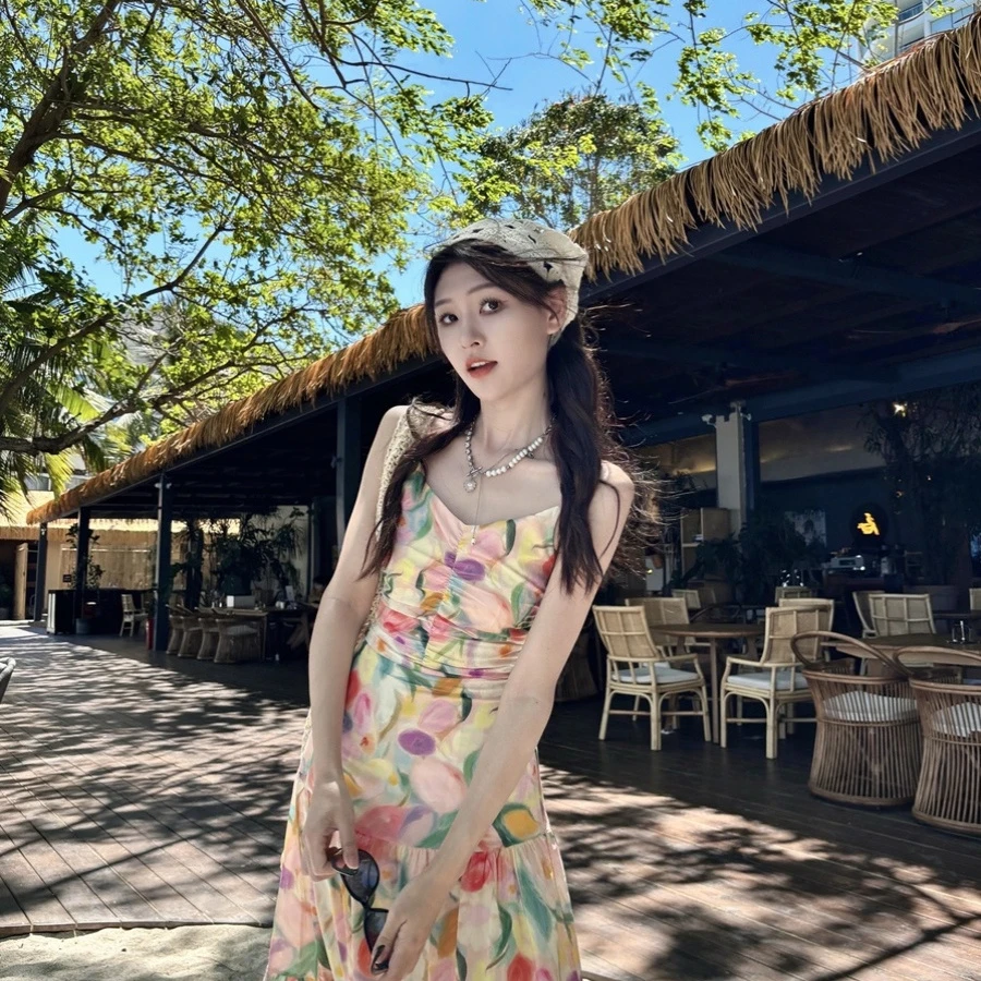 红色长裙夏日新款紧身碎花吊带高腰女裙子度假风无袖连衣裙睡裙