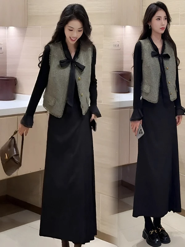 2025秋季法式气质穿搭一整套女马甲背心长袖打底衫阔腿裙裤三件套