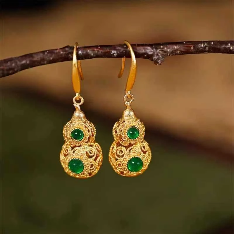 铜合金耳饰 铜合金 镀K金耳饰 杨幂同款金色镂空葫芦耳环新中式