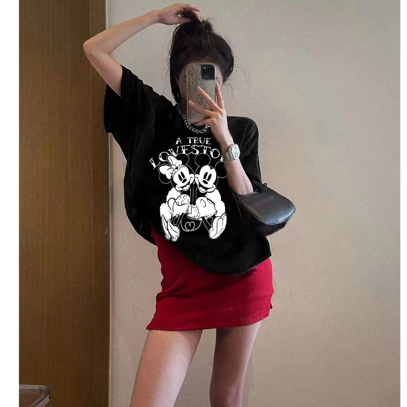 港味ins时尚短袖t恤韩版休闲宽松大码女装夏装米奇卡通上衣情侣装