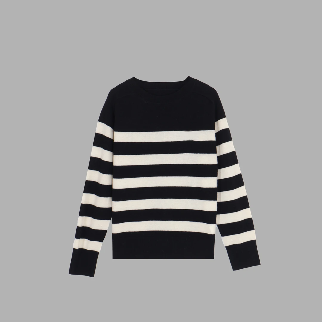 凯特丝蓓3589#两色！螺纹圆领慵懒撞色条纹刺绣休闲针织衫