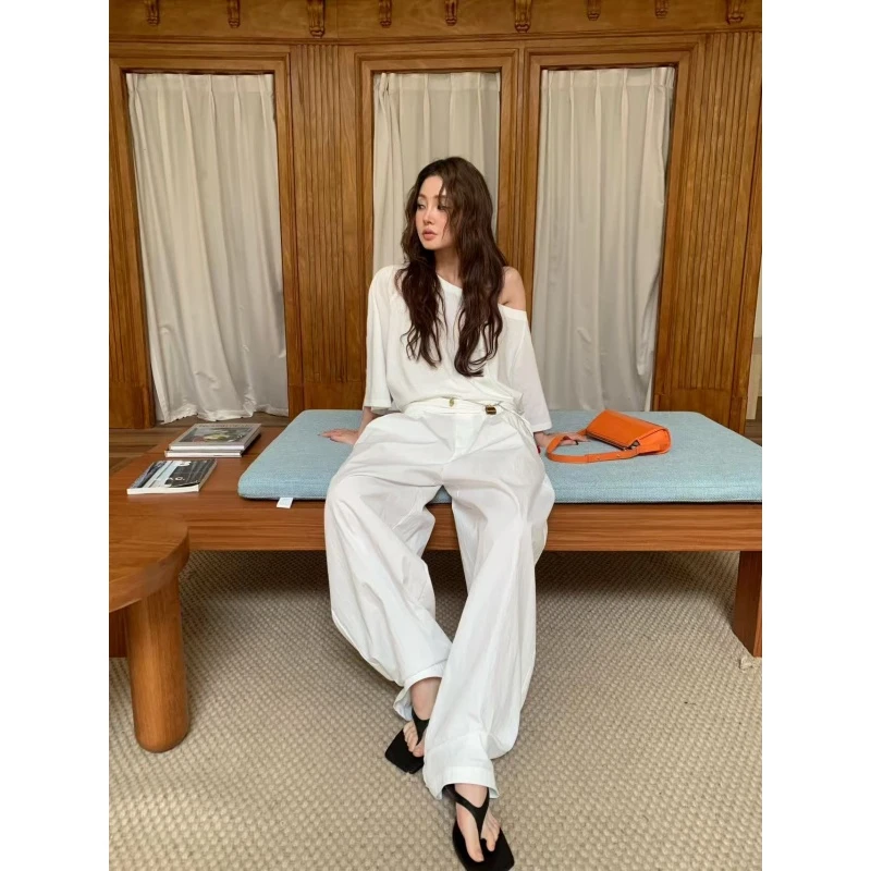 韩系气质慵懒风纯色休闲百搭斜肩上衣秋季宽松时尚垂感长裤两件套