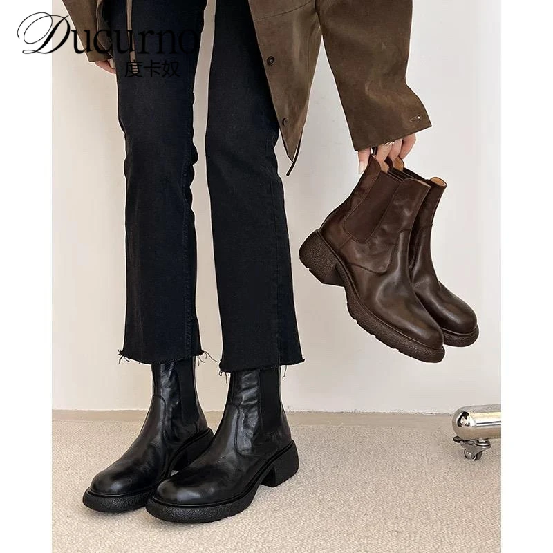 头层牛皮做旧切尔西靴女英伦风马丁靴粗跟及踝短靴女时尚厚底靴子