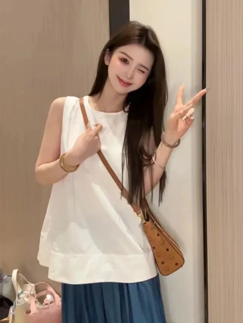 2025夏季新款时尚百搭圆领露背无袖衬衫背心女休闲外穿上衣