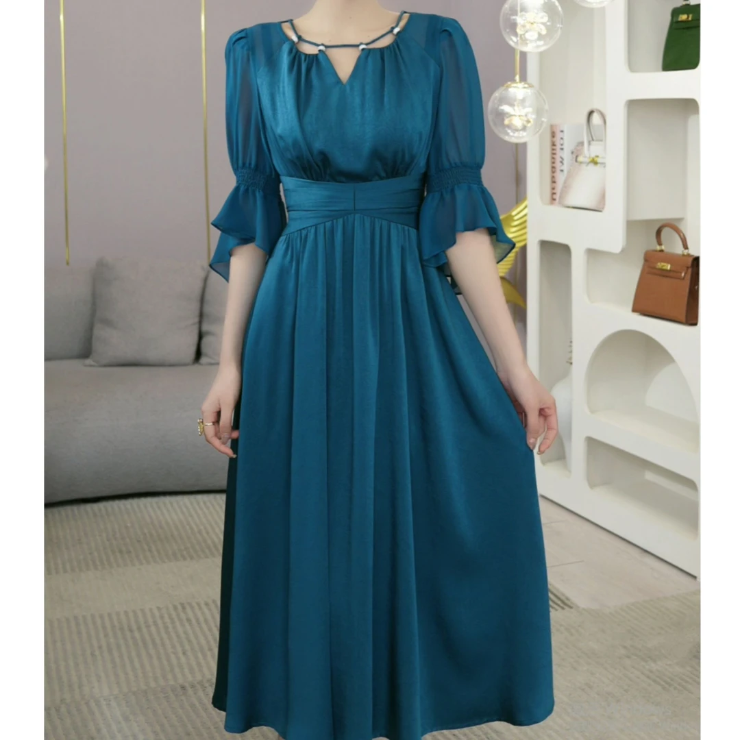 唐熹现货2025【ZM24-X509】洋气法式孔雀蓝设计师连衣裙子女士