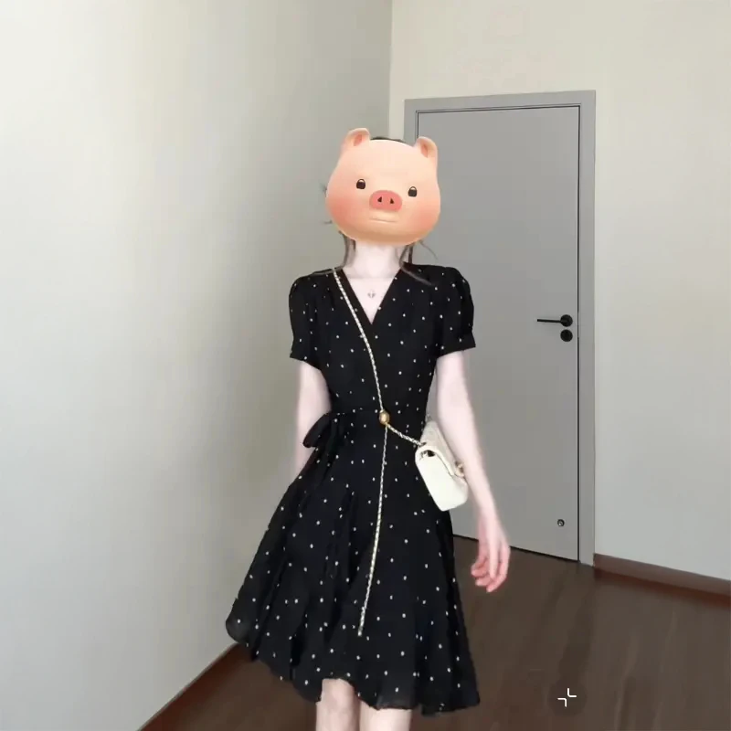 法式气质复古韩版波点设计连衣裙女2025夏季新款收腰显瘦A字短裙