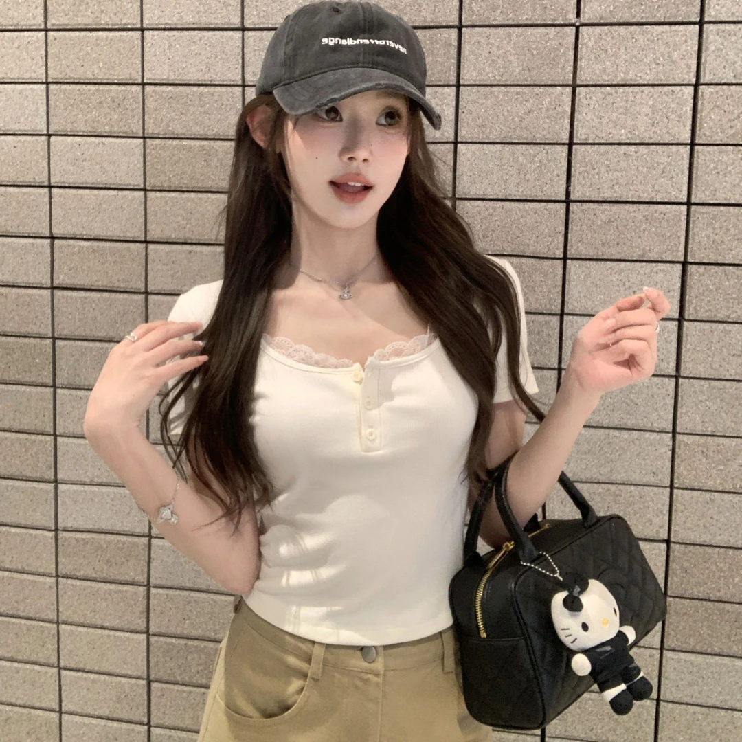 Zzhen【仲夏之梦】纯欲蕾丝拼接T恤修身打底上衣DTX669