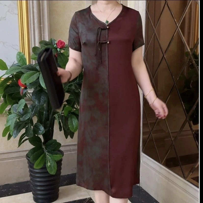 时尚洋气中老年妈妈装夏季国风连衣裙短袖花色拼接过膝中长裙51