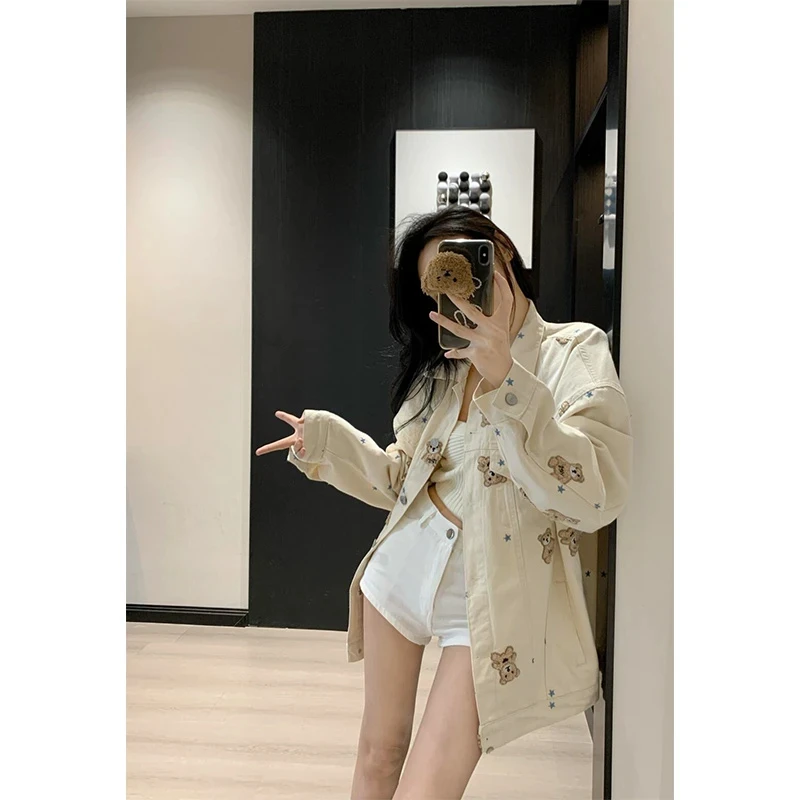 2025春秋新款韩系时尚设计感小熊刺绣长袖外套高腰修身休闲短裤女