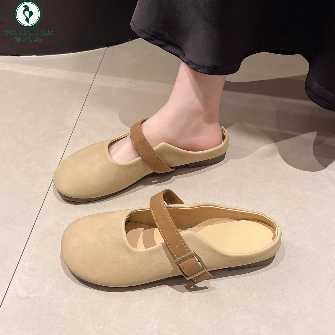 啄木鸟包头半拖鞋女2025新款春夏季外穿软底百搭平底单鞋玛丽珍鞋