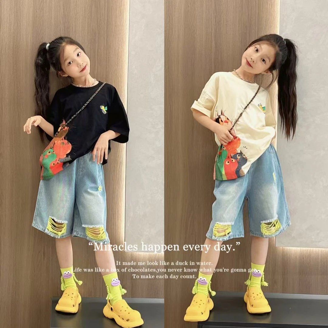 儿童夏季潮酷休闲风洋气破洞牛仔中裤男女童宽松时髦百搭短袖T恤