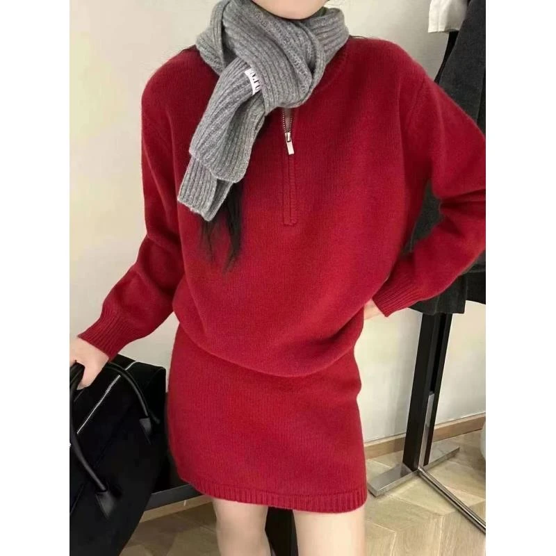 冬季新款潮流气质时尚半拉链针织上衣半身裙显瘦减龄百搭两件套-G