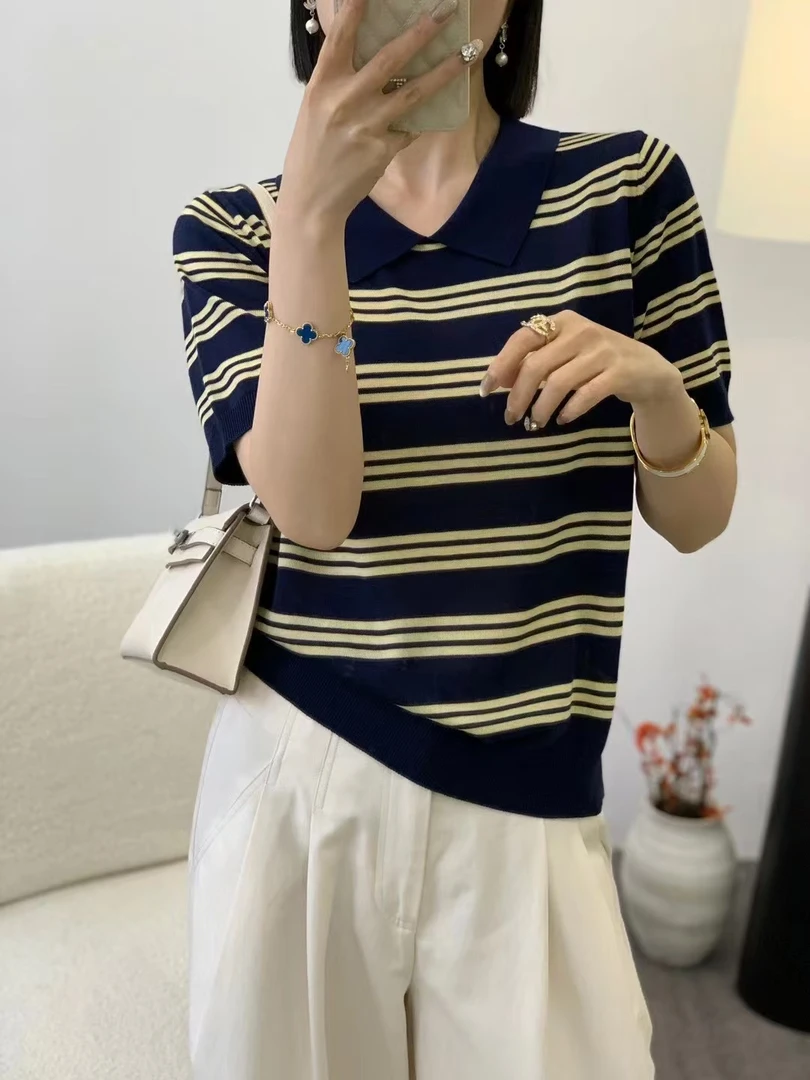 高级感~莱赛尔天丝撞色条纹POLO翻领针织衫新款气质慵懒风短袖T恤
