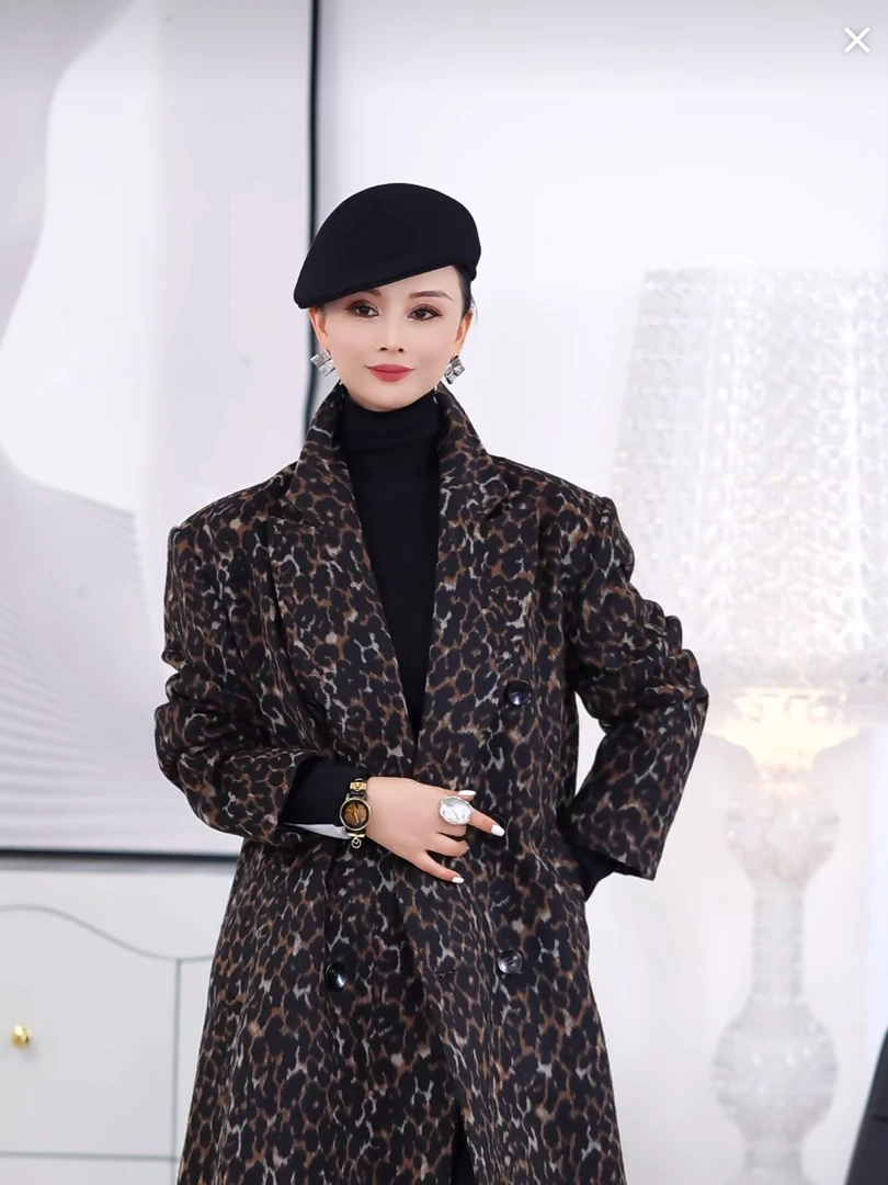 【NG】时尚豹纹长款阔版毛呢大衣