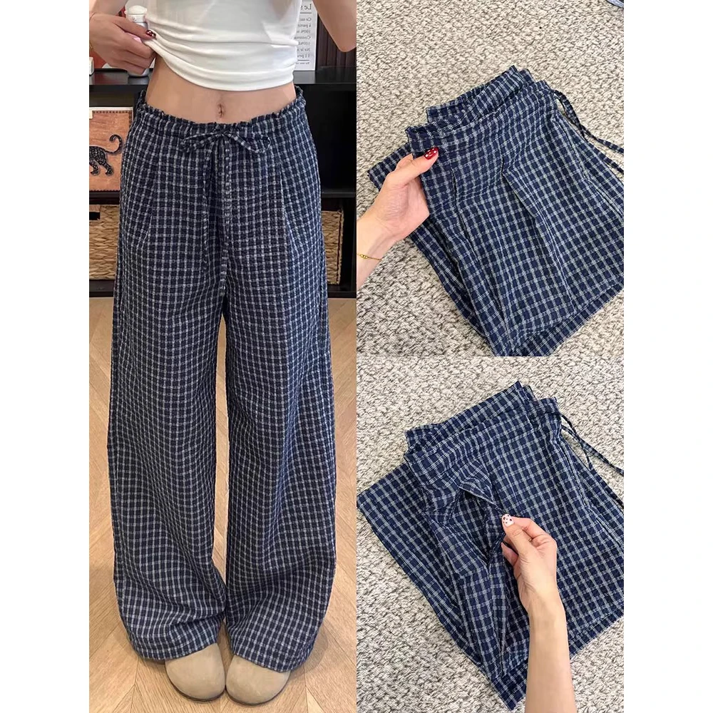 藏青色复古格子裤女夏季薄木耳边高腰休闲裤宽松慵懒风遛弯阔腿裤
