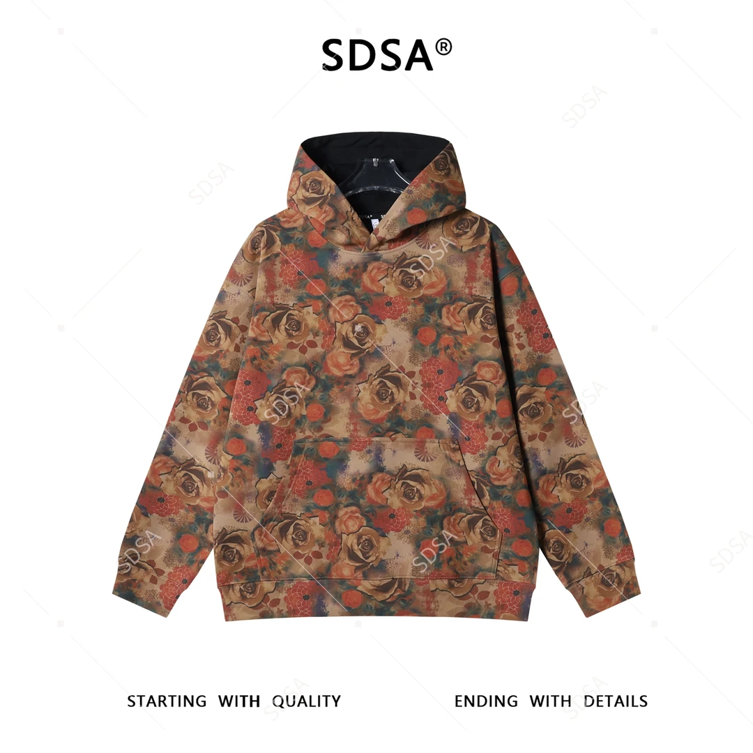SDSA男士秋冬新款痞帅男装休闲宽松撞色植物花卉连帽卫衣套头上衣