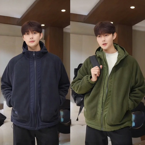 秋冬季新款双面摇粒绒休闲外套男时尚潮流高级感简约保暖连帽卫衣