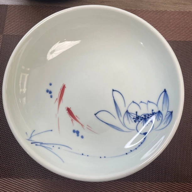 微瑕7.5寸手绘鱼荷花深汤盘口径18.5cm高度4cm（单只装）