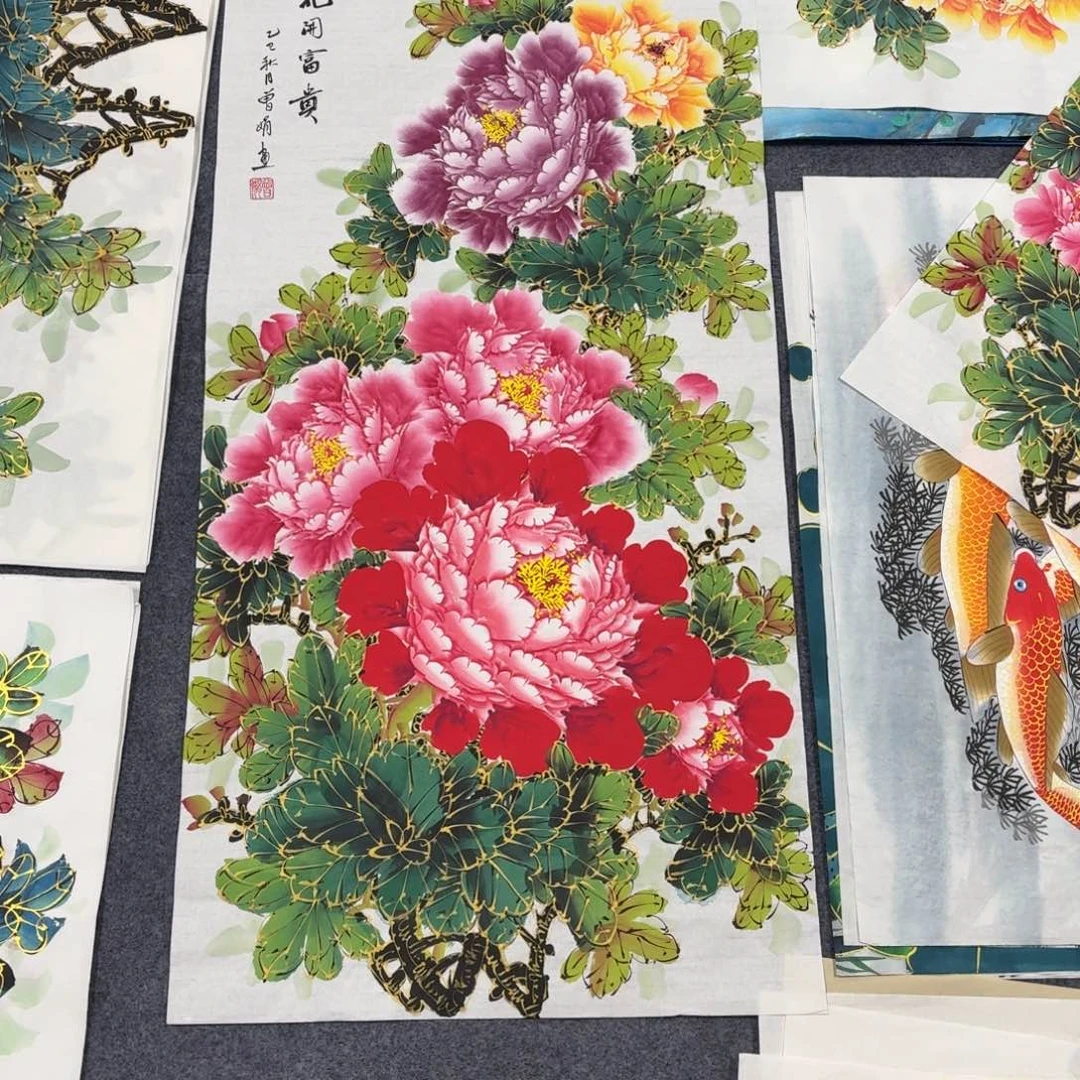 国画100×50千层金线牡丹手绘画画画