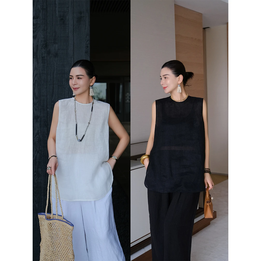 麻霖100%亚麻定制肌理镂空细格子蓬松网格布文艺显瘦无袖上衣