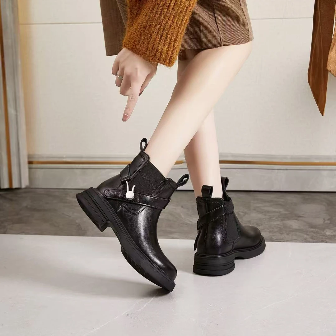 冬季新款时尚休闲女鞋低跟加绒保暖短靴粗跟冷粘2813//XS