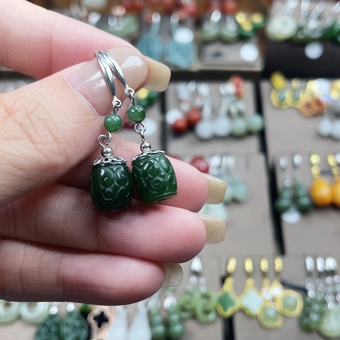 和田玉银S925镶嵌耳饰