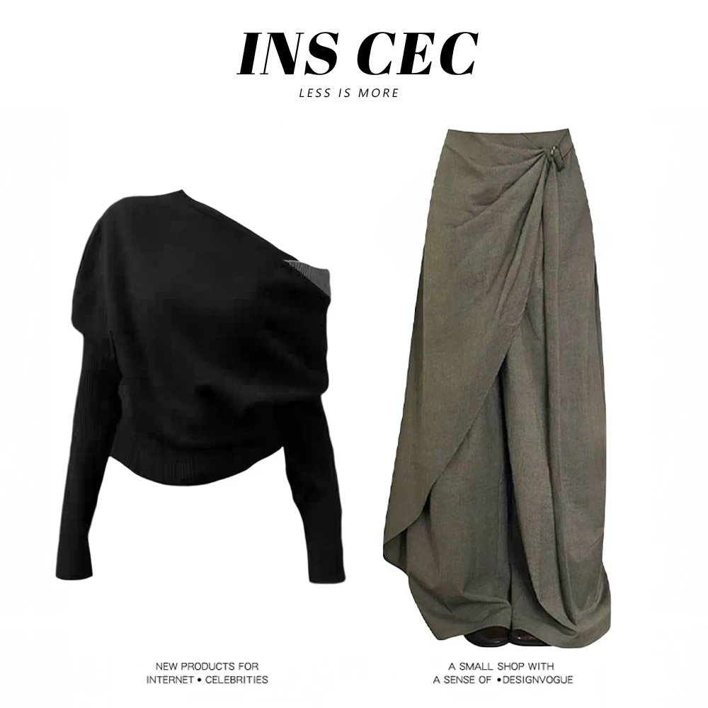 parkyeon御姐风拼接针织上衣设计感宽松显瘦阔腿裤套装女冬季穿搭