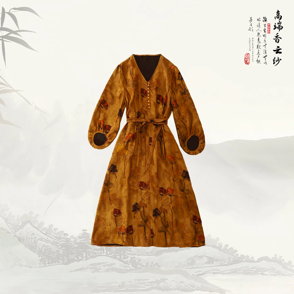 品牌新款复古玫瑰香云纱文艺优雅风V 领气质连衣裙526295