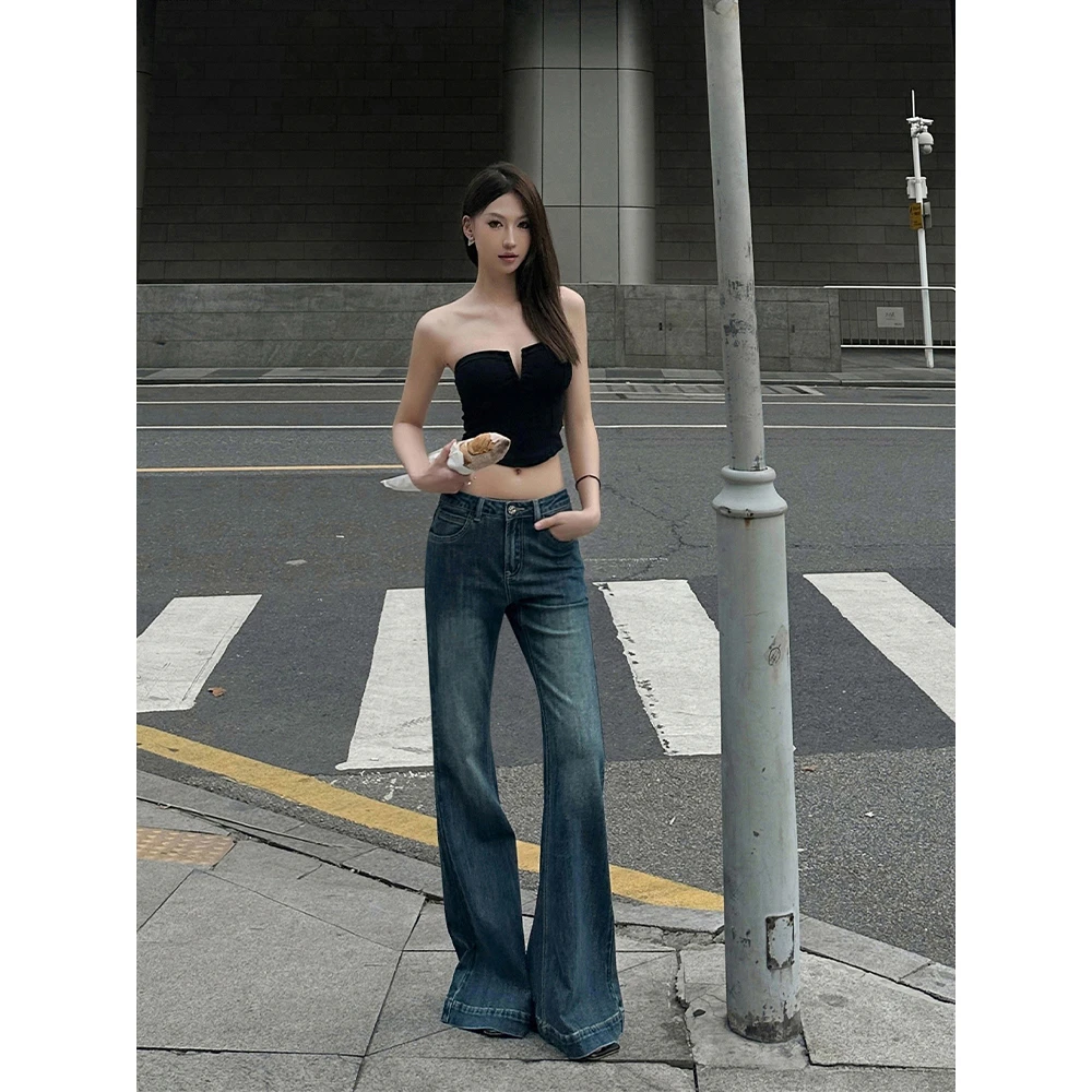 IFMR夏季复古蓝辣妹低腰喇叭裤时尚修身显瘦牛仔裤微喇拖地阔腿裤