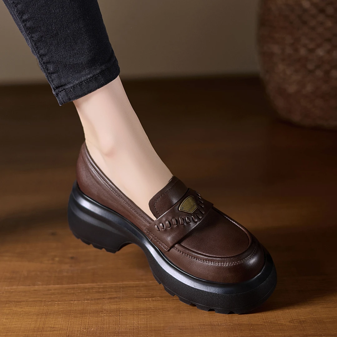 6.5cm小个子久穿不累脚厚底乐福鞋棕色圆头防水台高跟鞋通勤女鞋