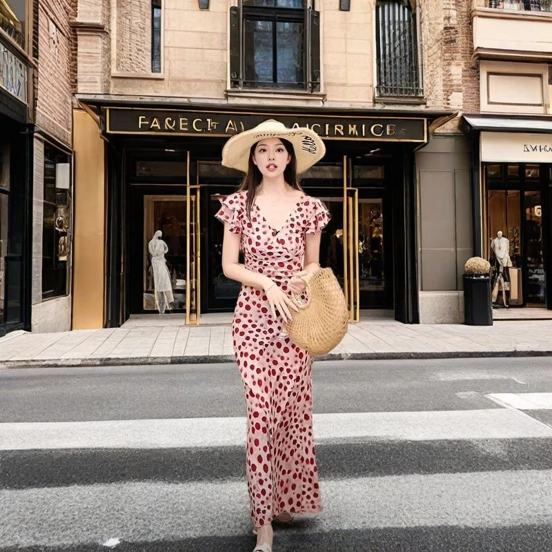 2025年夏季新款高级感气质显瘦高腰波点扎染中长款连衣裙洋气裙子