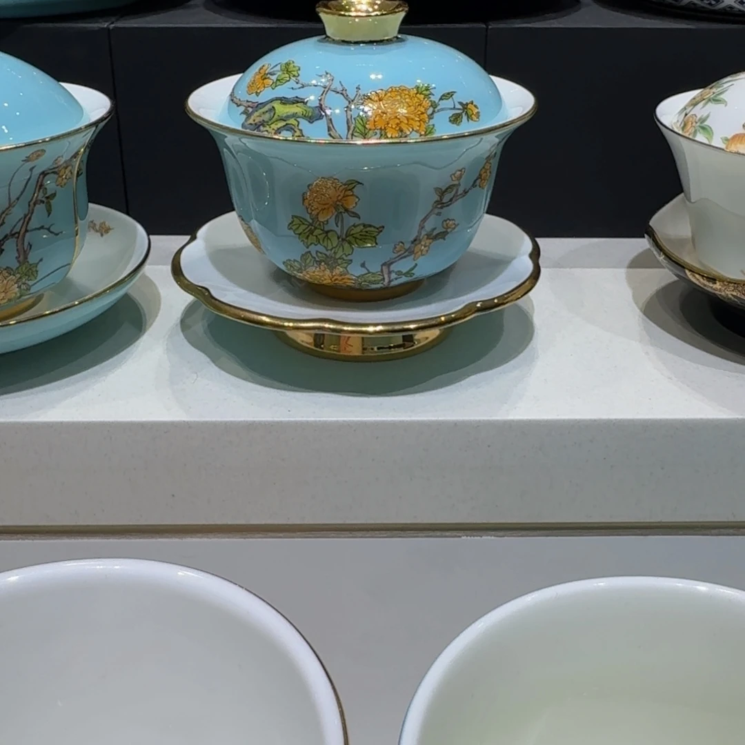 伟***伟玻璃福利三头盖碗夫人瓷西湖蓝