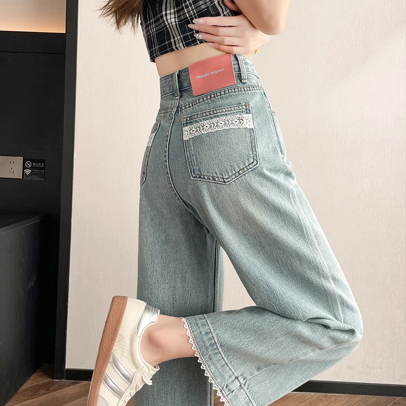 蕾丝拼接牛仔直筒裤女夏季2025新款高腰垂感小个子八分窄版阔腿裤