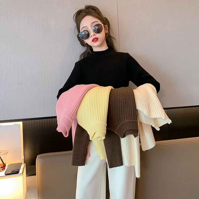 女童毛衣洋气打底衫弹力秋冬内搭针织衫纯色女大童韩系高领针织衫