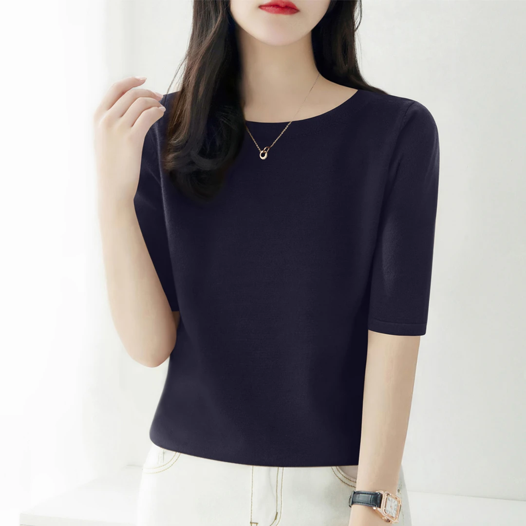时尚中袖薄款一字领宽松上衣T恤夏季新款气质套头显瘦针织衫女